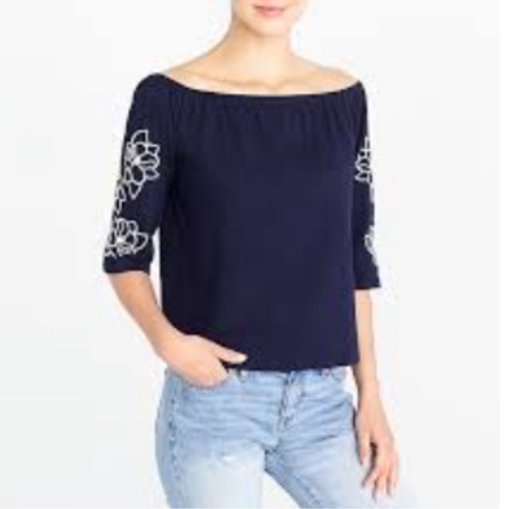 J. Crew Navy White Embroidered Floral Top tunic XS